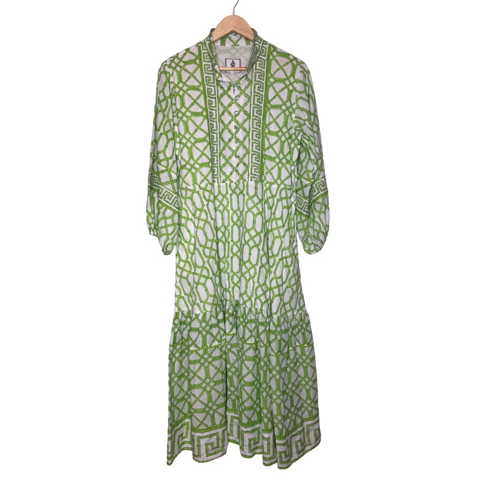 Sue Sartor Paloma Flounce Dress Green White Bamboo Trellis Cotton Midi Large
